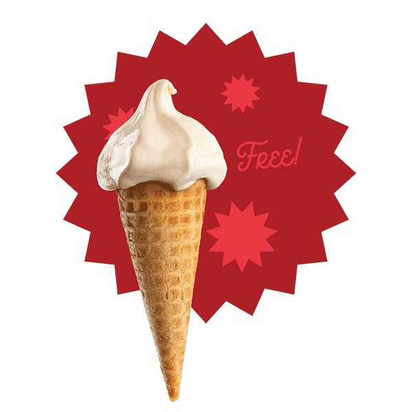a vanilla ice cream cone in front of a red burst