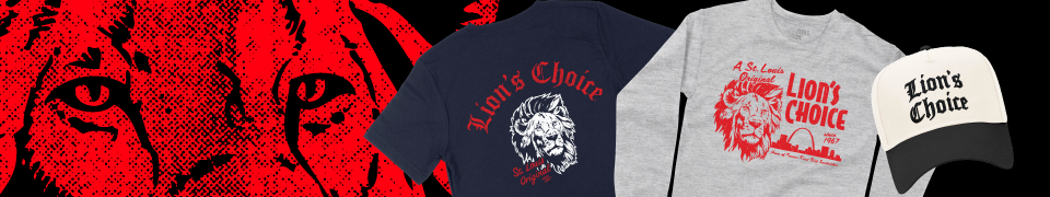 And image of a red lion on the left and Lions Choice shirts and a hat on the right.